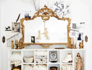 Mirror, cubby, Jesus chalkware, and other accessories : Garden Style Living / Design : Leanne Ford Interiors